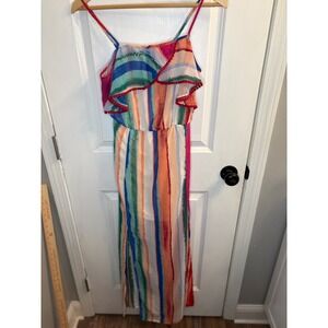 Rainbow Striped Ruffle Pom Pom Trim Maxi Dress Smocked Back Summer Sundress